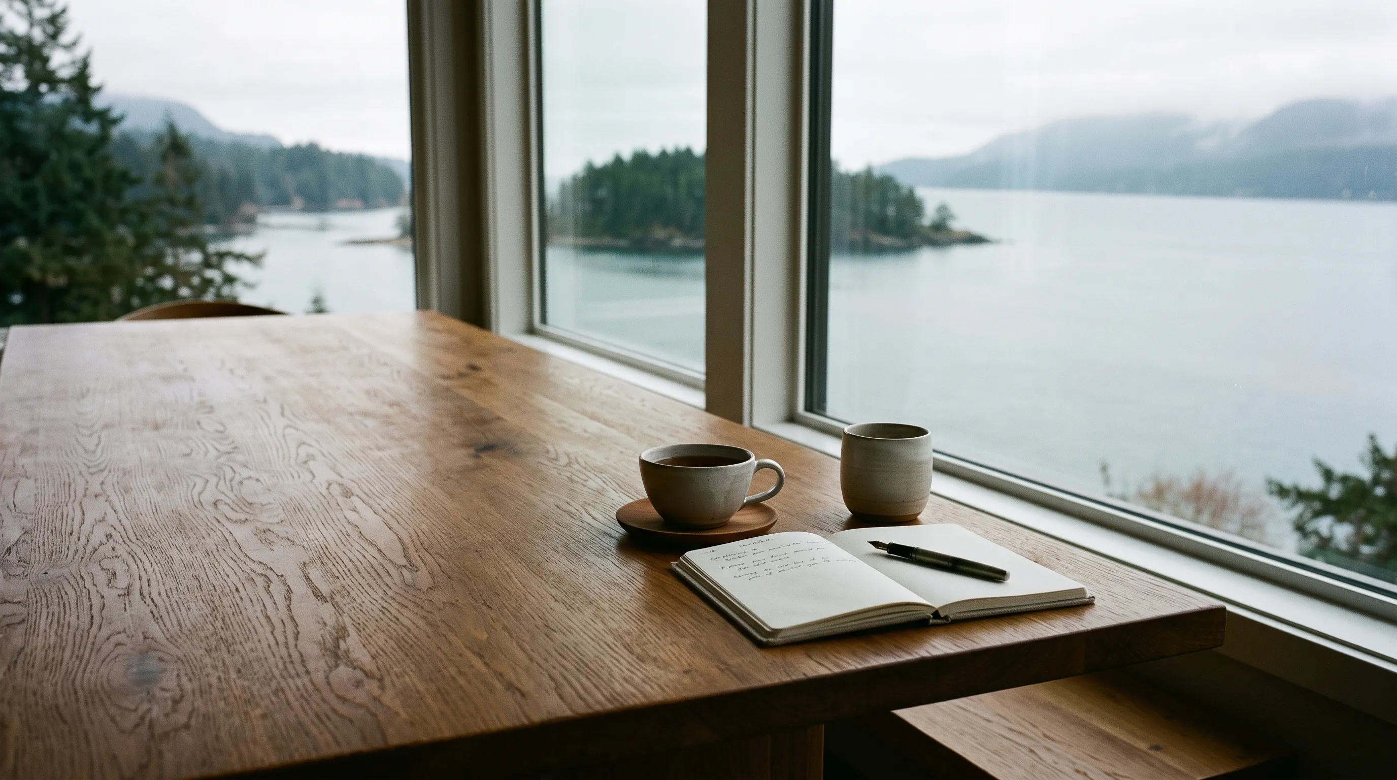 An empty office table with two chairs by a window