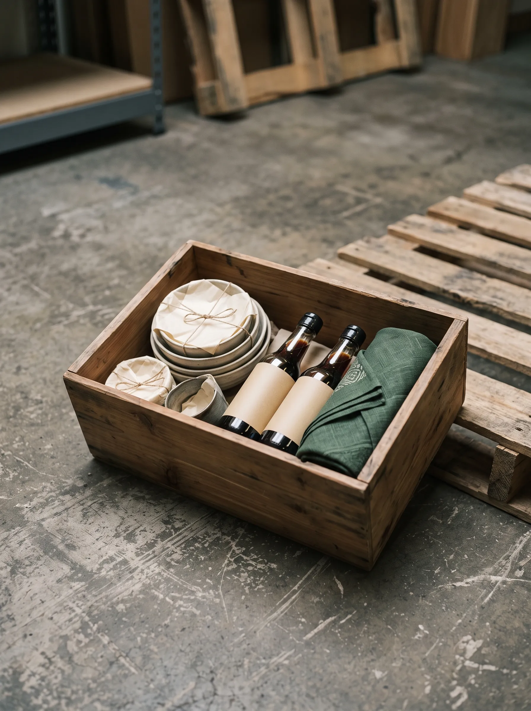 Crates of Japanese goods on a warehouse floor