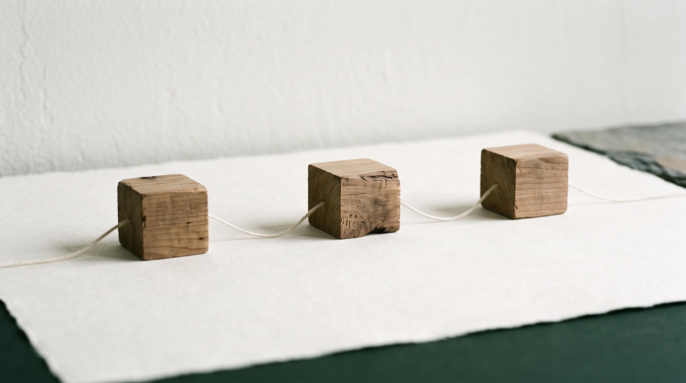 Three wooden blocks on a white surface, connected by a thin thread
