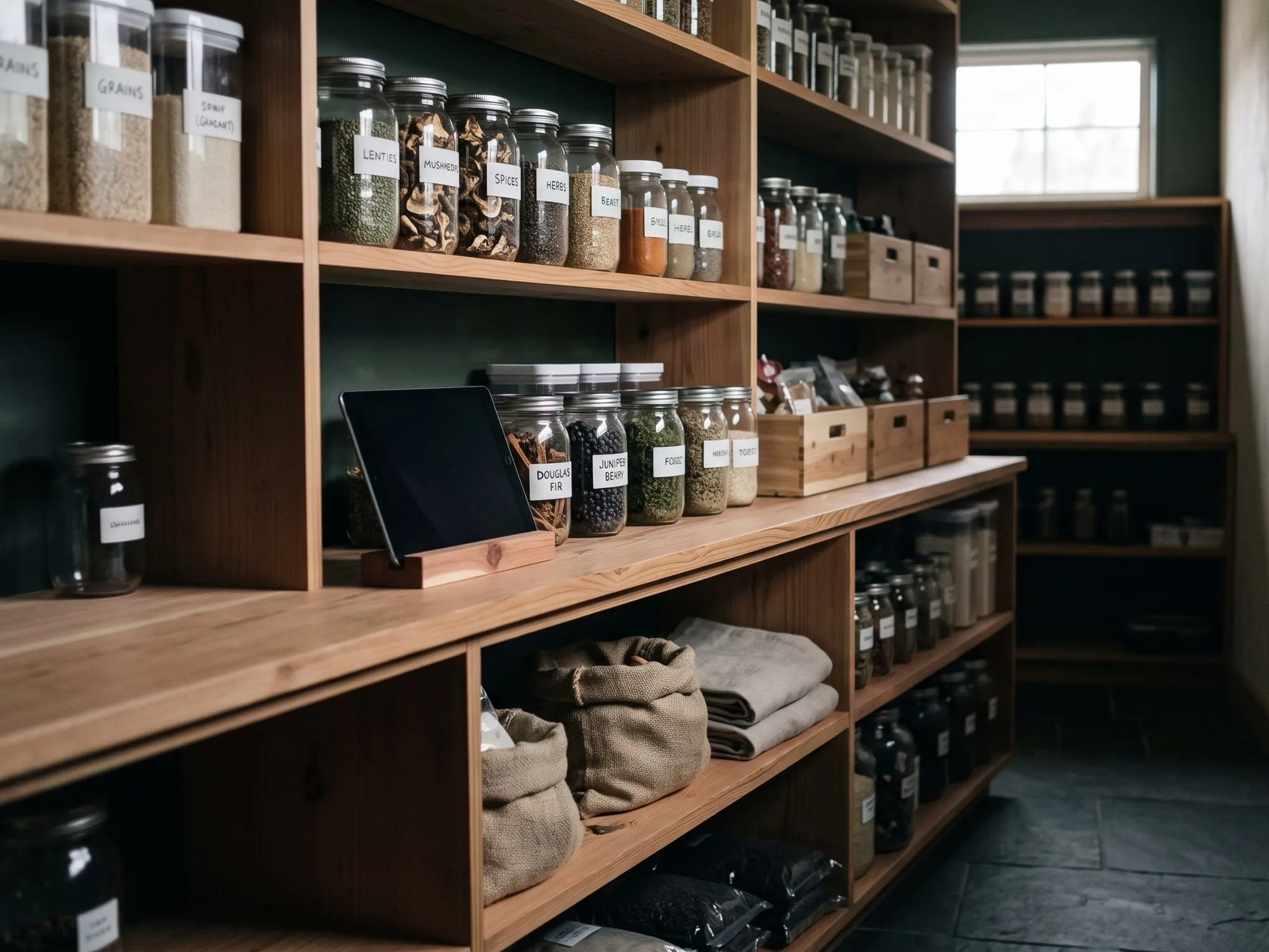 Jarred and packaged goods on a wooden shelf