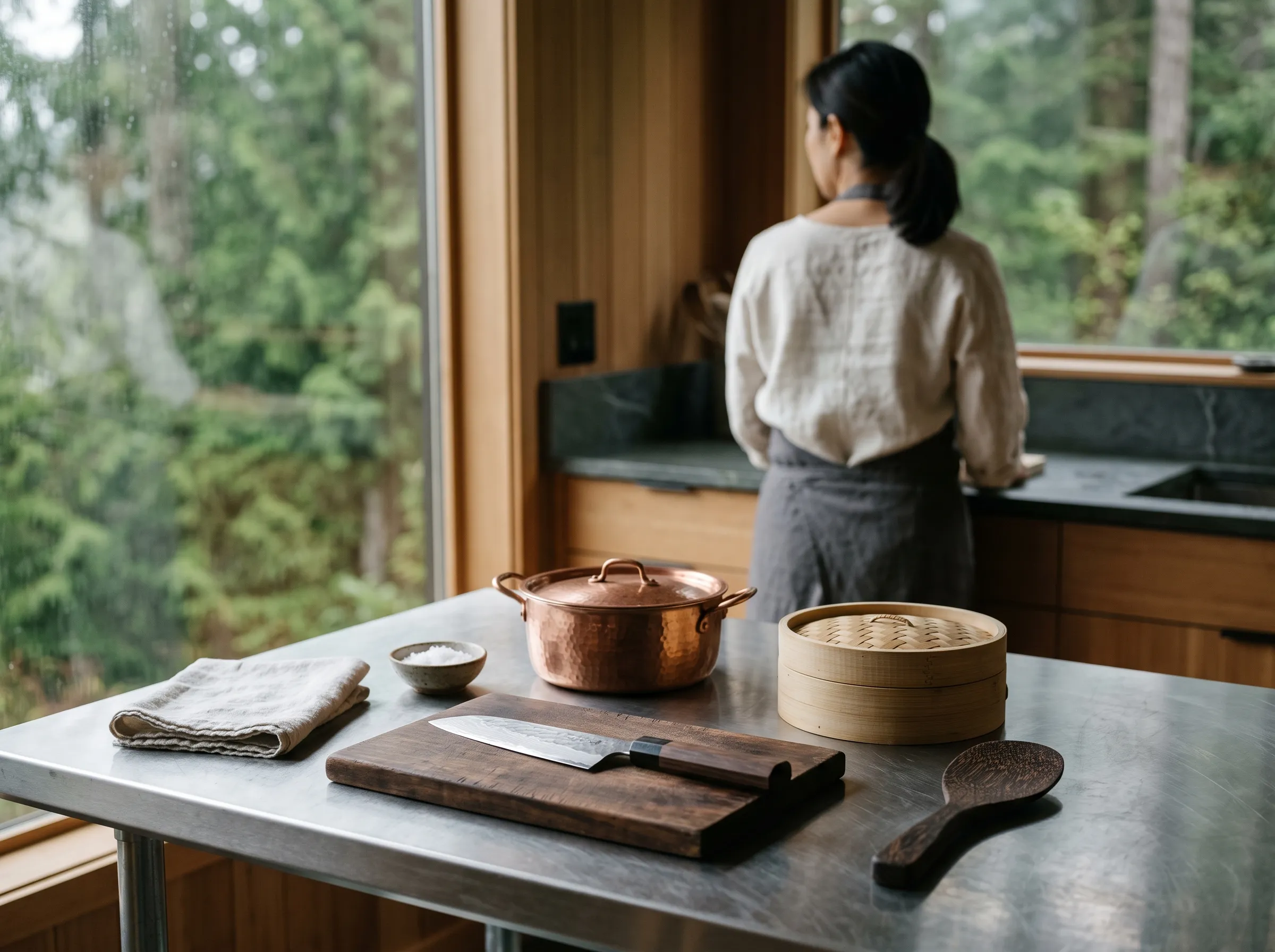 Japanese knives and a copper pot on a steel counter